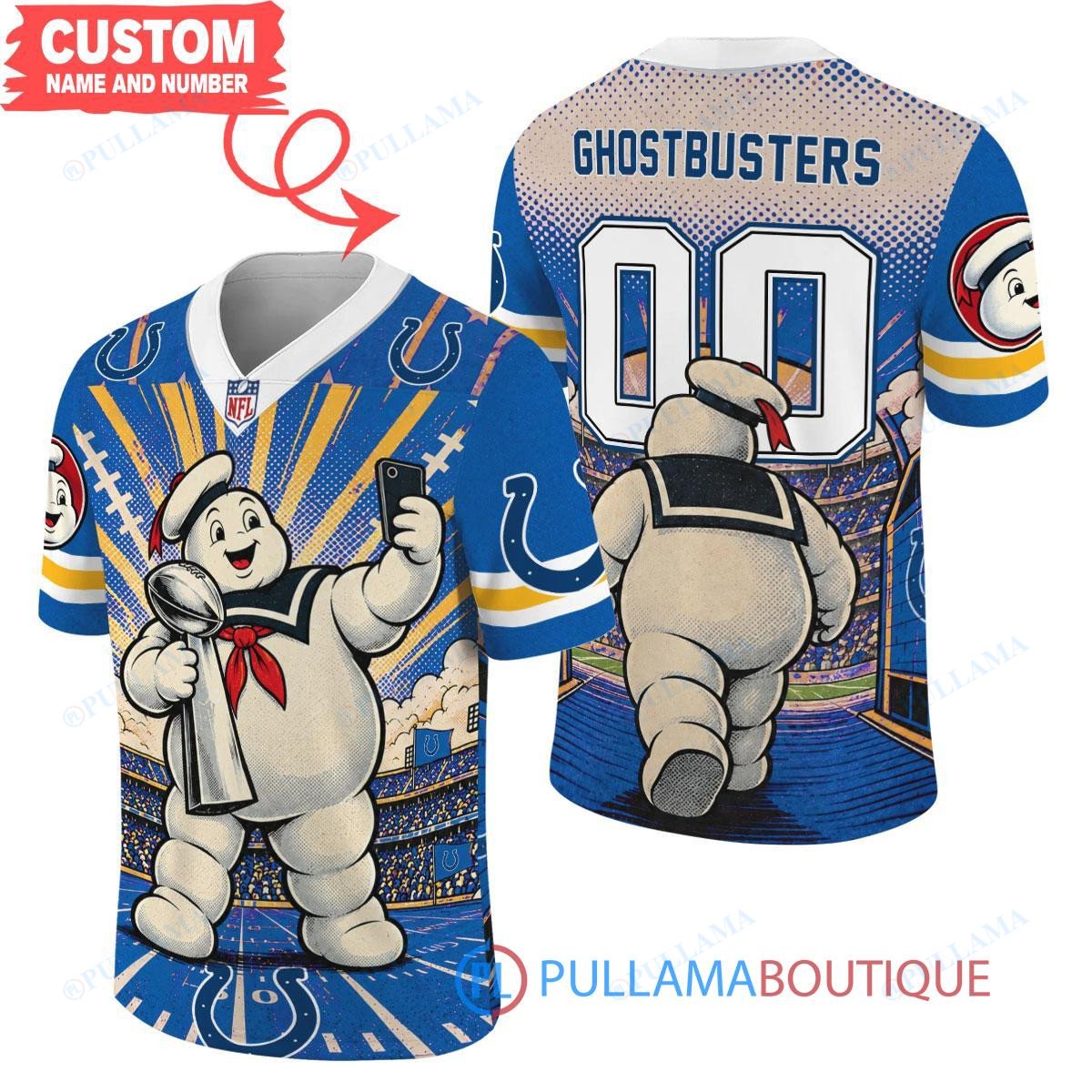 Indianapolis Colts Stay Puft Marshmallow Man with Super Bowl Trophy Retro Sailor Comic Custom Football Jersey