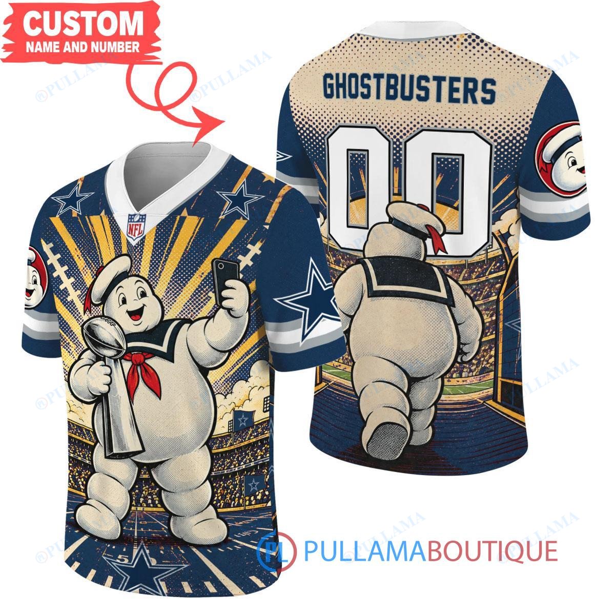 Dallas Cowboys Stay Puft Marshmallow Man with Super Bowl Trophy Retro Sailor Comic Custom Football Jersey