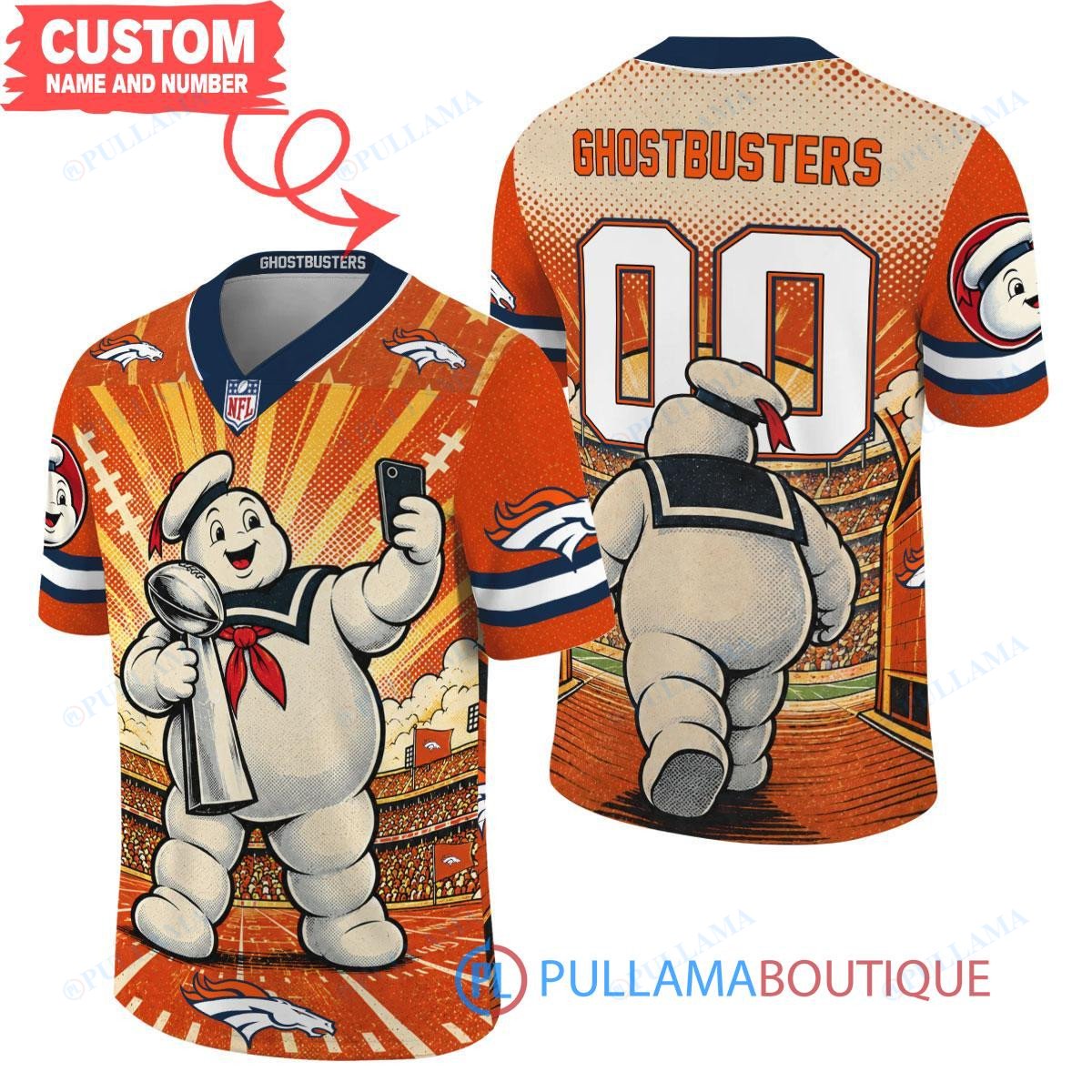 Denver Broncos Stay Puft Marshmallow Man with Super Bowl Trophy Retro Sailor Comic Custom Football Jersey