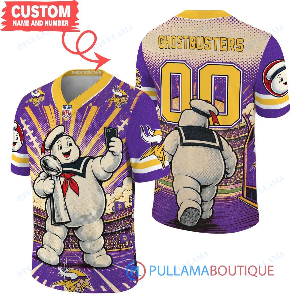 Minnesota Vikings Stay Puft Marshmallow Man with Super Bowl Trophy Retro Sailor Comic Custom Football Jersey