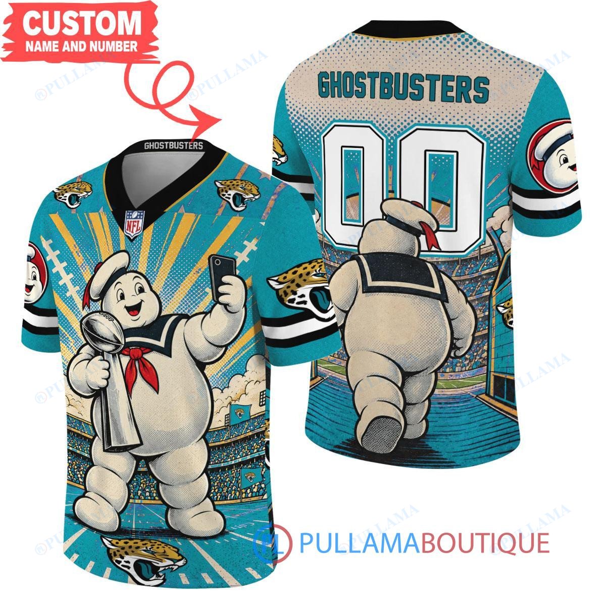 Jacksonville Jaguars Stay Puft Marshmallow Man with Super Bowl Trophy Retro Sailor Comic Custom Football Jersey