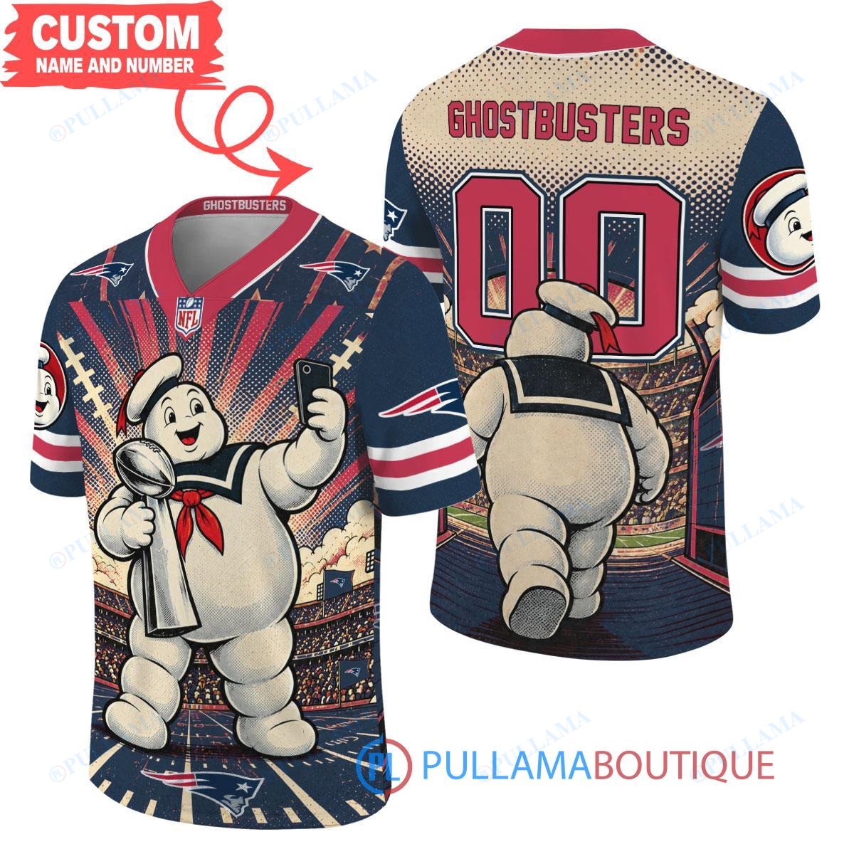 New England Patriots Stay Puft Marshmallow Man with Super Bowl Trophy Retro Sailor Comic Custom Football Jersey