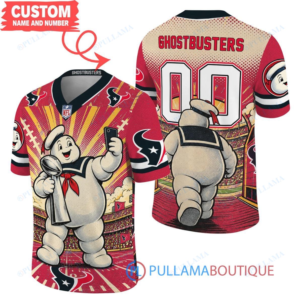 Houston Texans Stay Puft Marshmallow Man with Super Bowl Trophy Retro Sailor Comic Custom Football Jersey