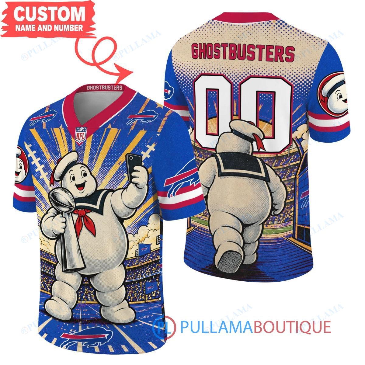 Buffalo Bills Stay Puft Marshmallow Man with Super Bowl Trophy Retro Sailor Comic Custom Football Jersey
