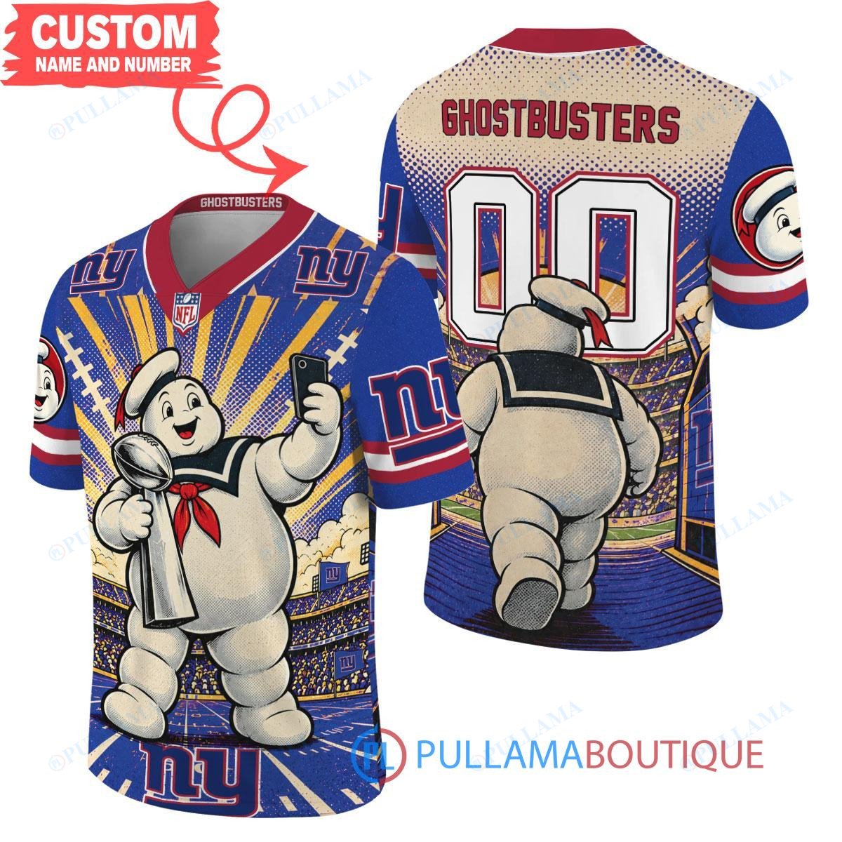 New York Giants Stay Puft Marshmallow Man with Super Bowl Trophy Retro Sailor Comic Custom Football Jersey