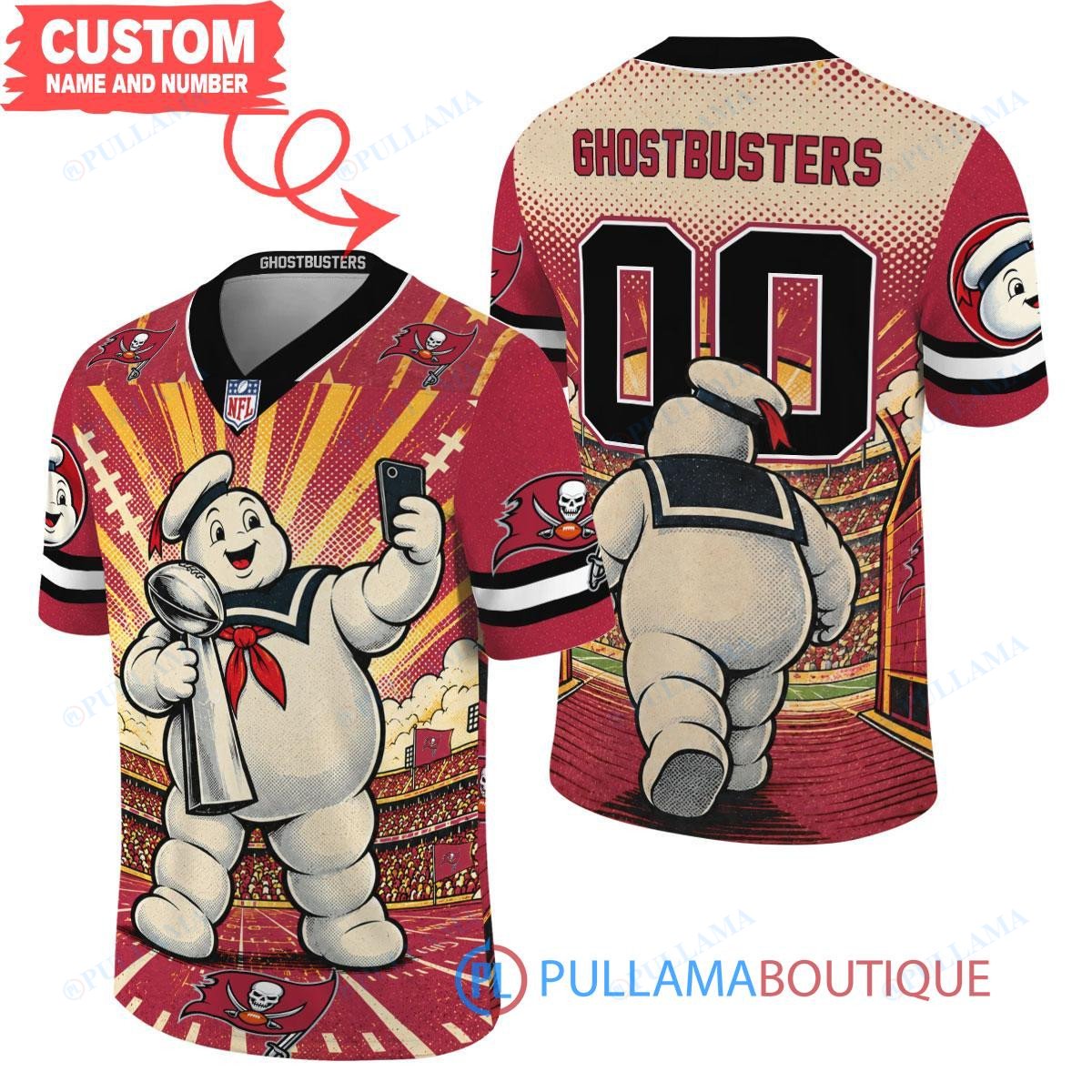 Tampa Bay Buccaneers Stay Puft Marshmallow Man with Super Bowl Trophy Retro Sailor Comic Custom Football Jersey