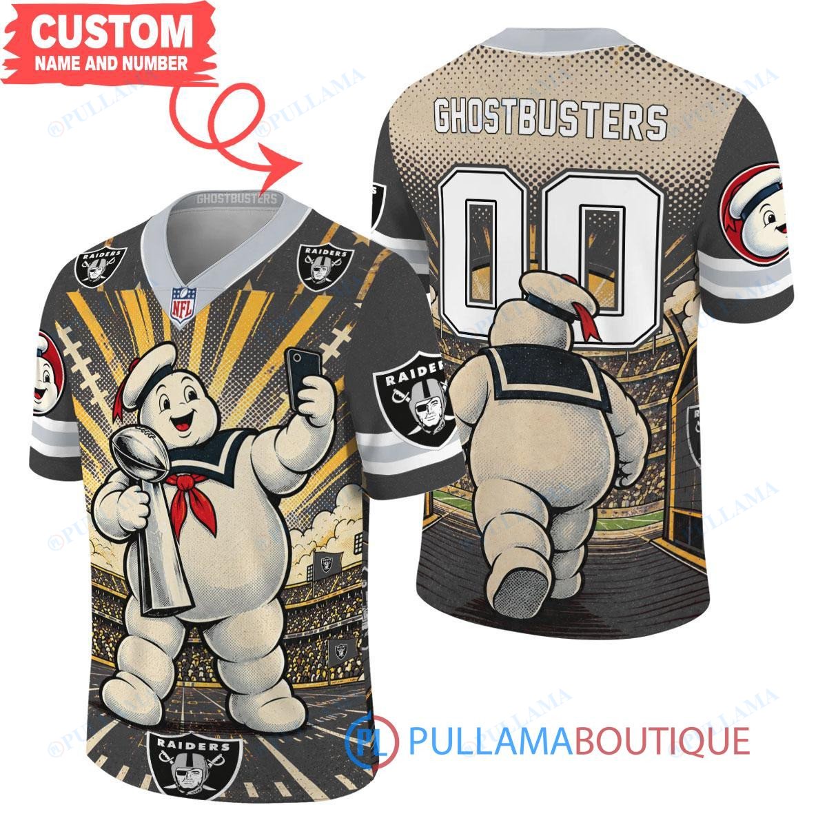Las Vegas Raiders Stay Puft Marshmallow Man with Super Bowl Trophy Retro Sailor Comic Custom Football Jersey