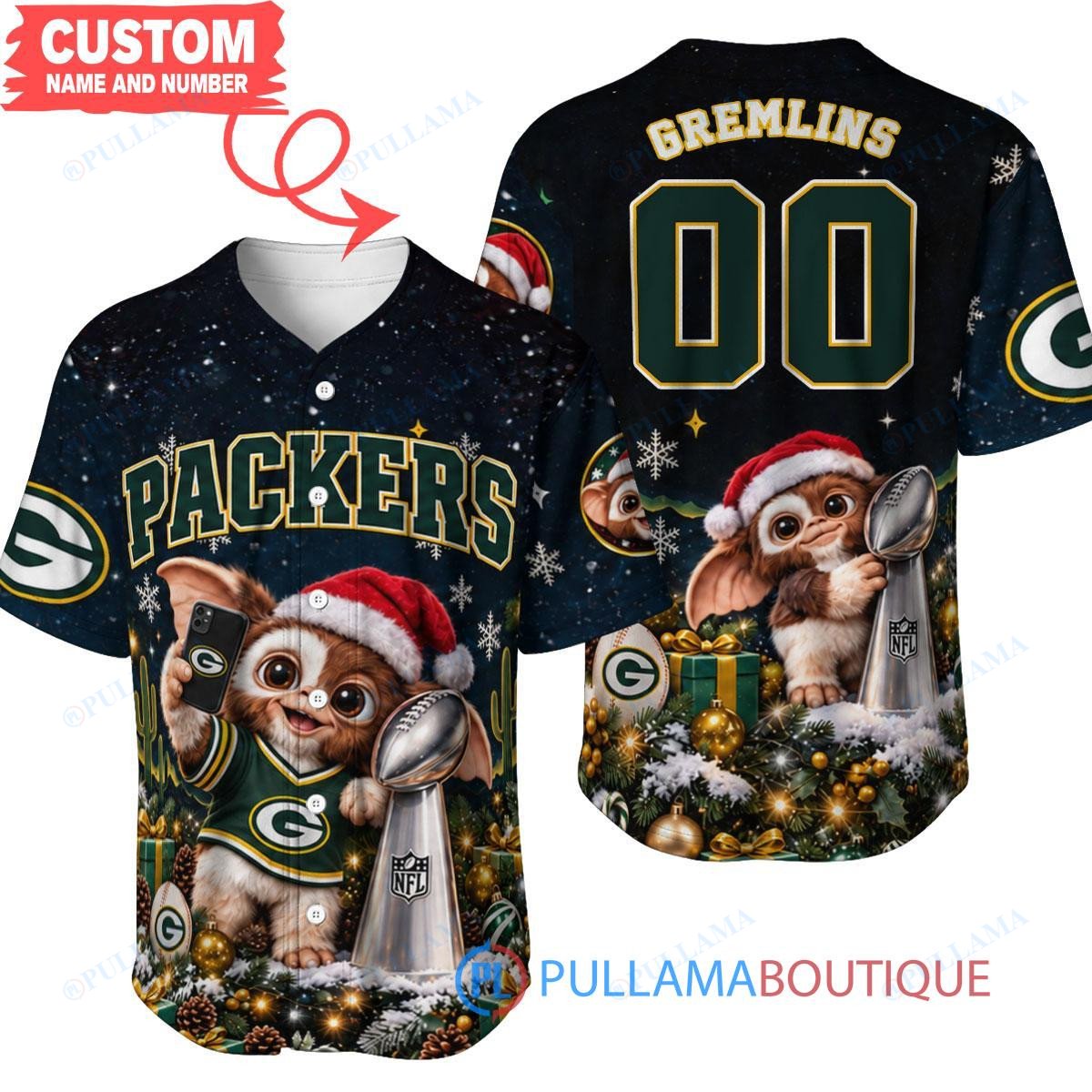 Green Bay Packers Gremlins with Super Bowl Trophy Custom Football Jersey