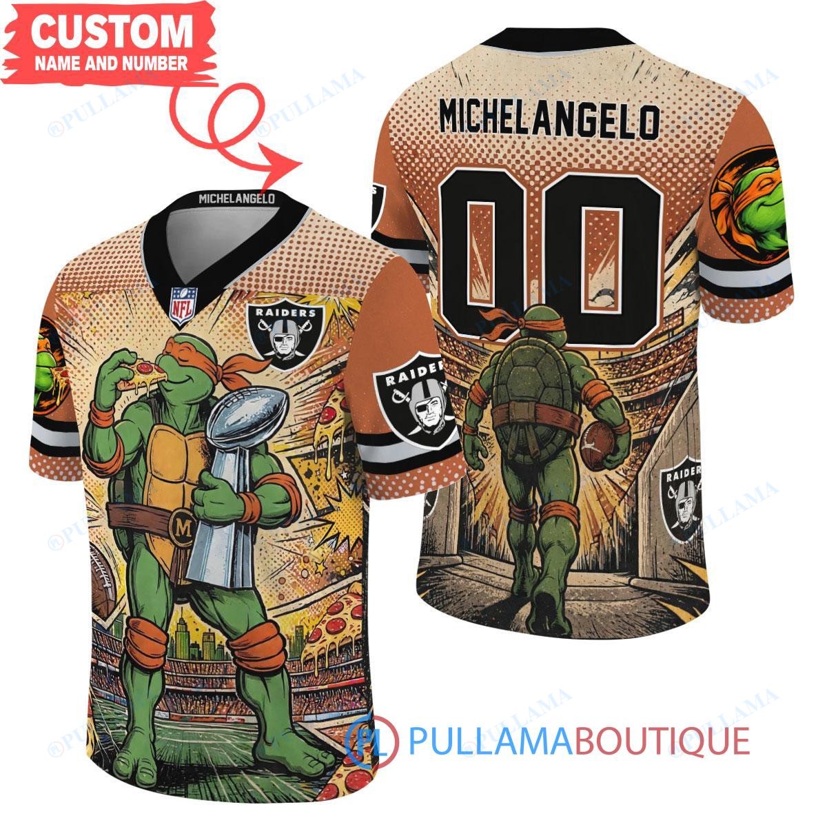 Las Vegas Raiders TMNT Michelangelo with Super Bowl Trophy Retro Comic Custom Football Jersey