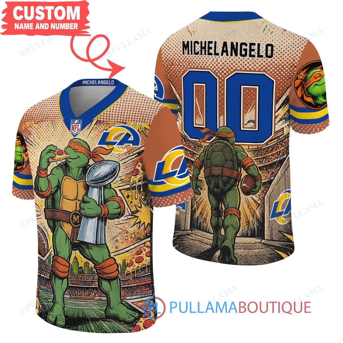 Los Angeles Rams TMNT Michelangelo with Super Bowl Trophy Retro Comic Custom Football Jersey