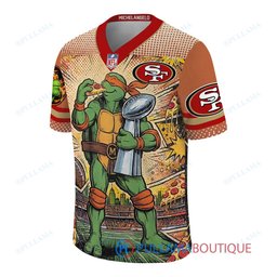 San Francisco 49ers TMNT Michelangelo with Super Bowl Trophy Retro Comic Custom Football Jersey