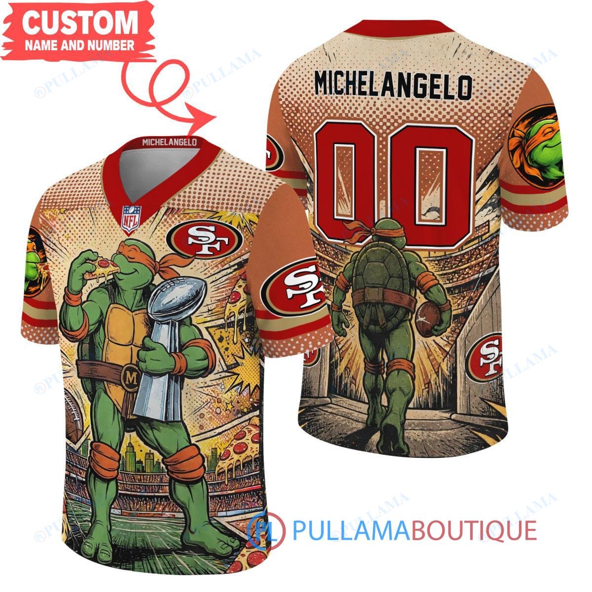 San Francisco 49ers TMNT Michelangelo with Super Bowl Trophy Retro Comic Custom Football Jersey