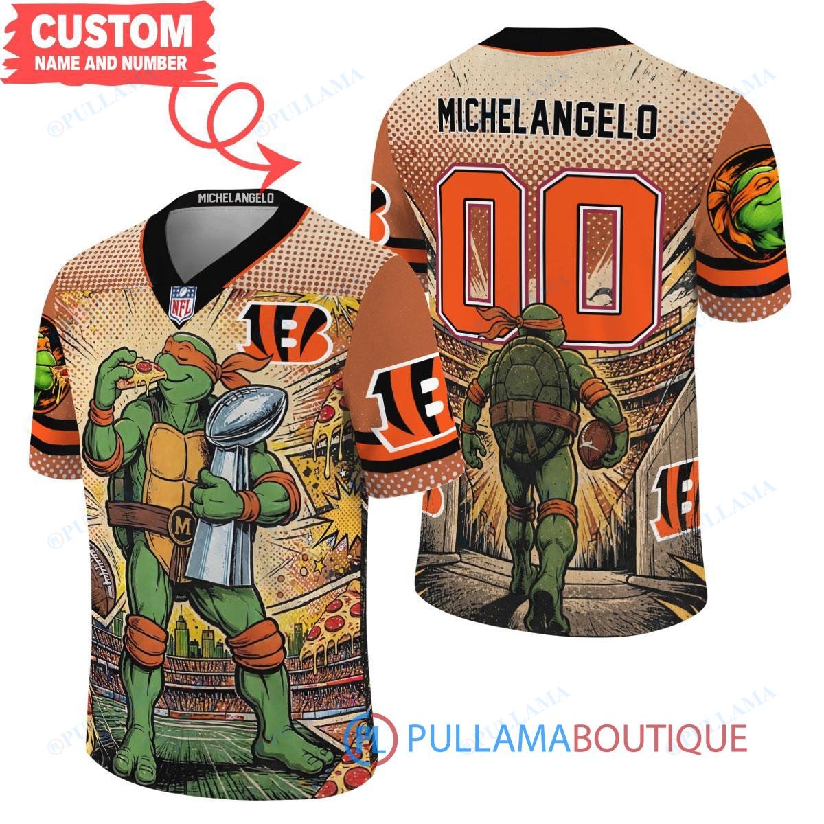 Cincinnati Bengals TMNT Michelangelo with Super Bowl Trophy Retro Comic Custom Football Jersey
