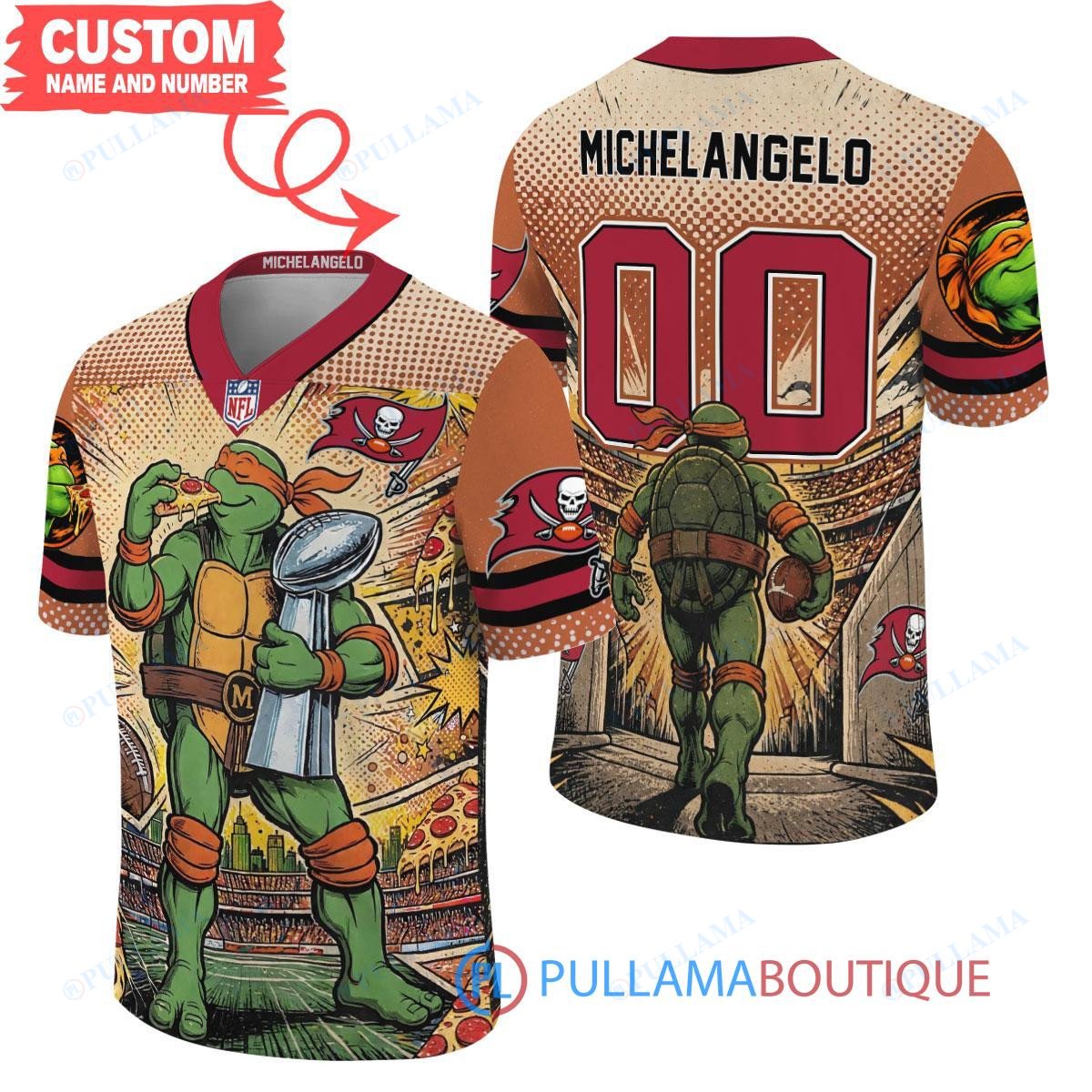 Tampa Bay Buccaneers TMNT Michelangelo with Super Bowl Trophy Retro Comic Custom Football Jersey