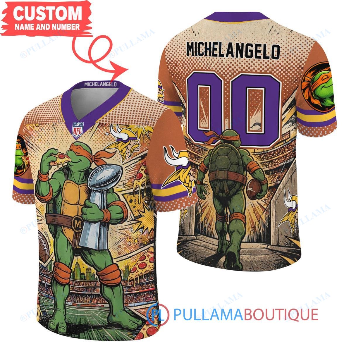 Minnesota Vikings TMNT Michelangelo with Super Bowl Trophy Retro Comic Custom Football Jersey