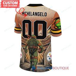 Pittsburgh Steelers TMNT Michelangelo with Super Bowl Trophy Retro Comic Custom Football Jersey