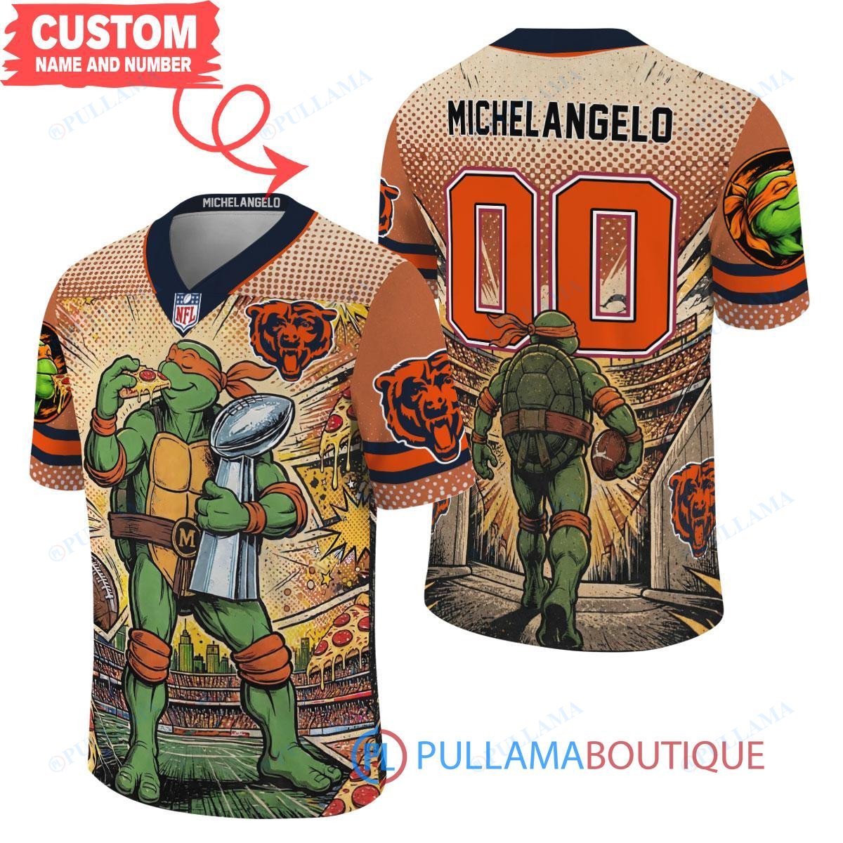Chicago Bears TMNT Michelangelo with Super Bowl Trophy Retro Comic Custom Football Jersey