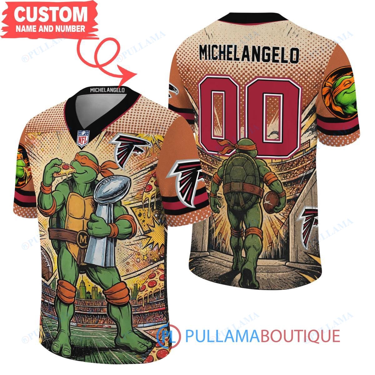 Atlanta Falcons TMNT Michelangelo with Super Bowl Trophy Retro Comic Custom Football Jersey