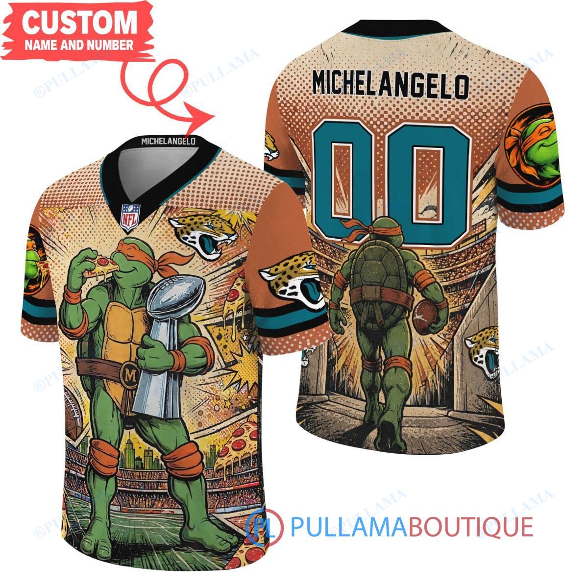 Jacksonville Jaguars TMNT Michelangelo with Super Bowl Trophy Retro Comic Custom Football Jersey