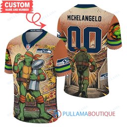 Seattle Seahawks TMNT Michelangelo with Super Bowl Trophy Retro Comic Custom Football Jersey