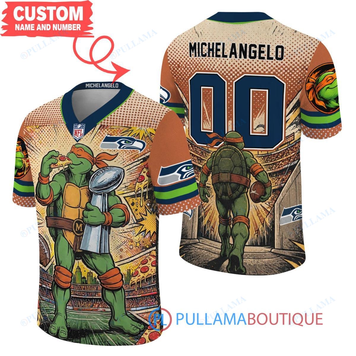 Seattle Seahawks TMNT Michelangelo with Super Bowl Trophy Retro Comic Custom Football Jersey