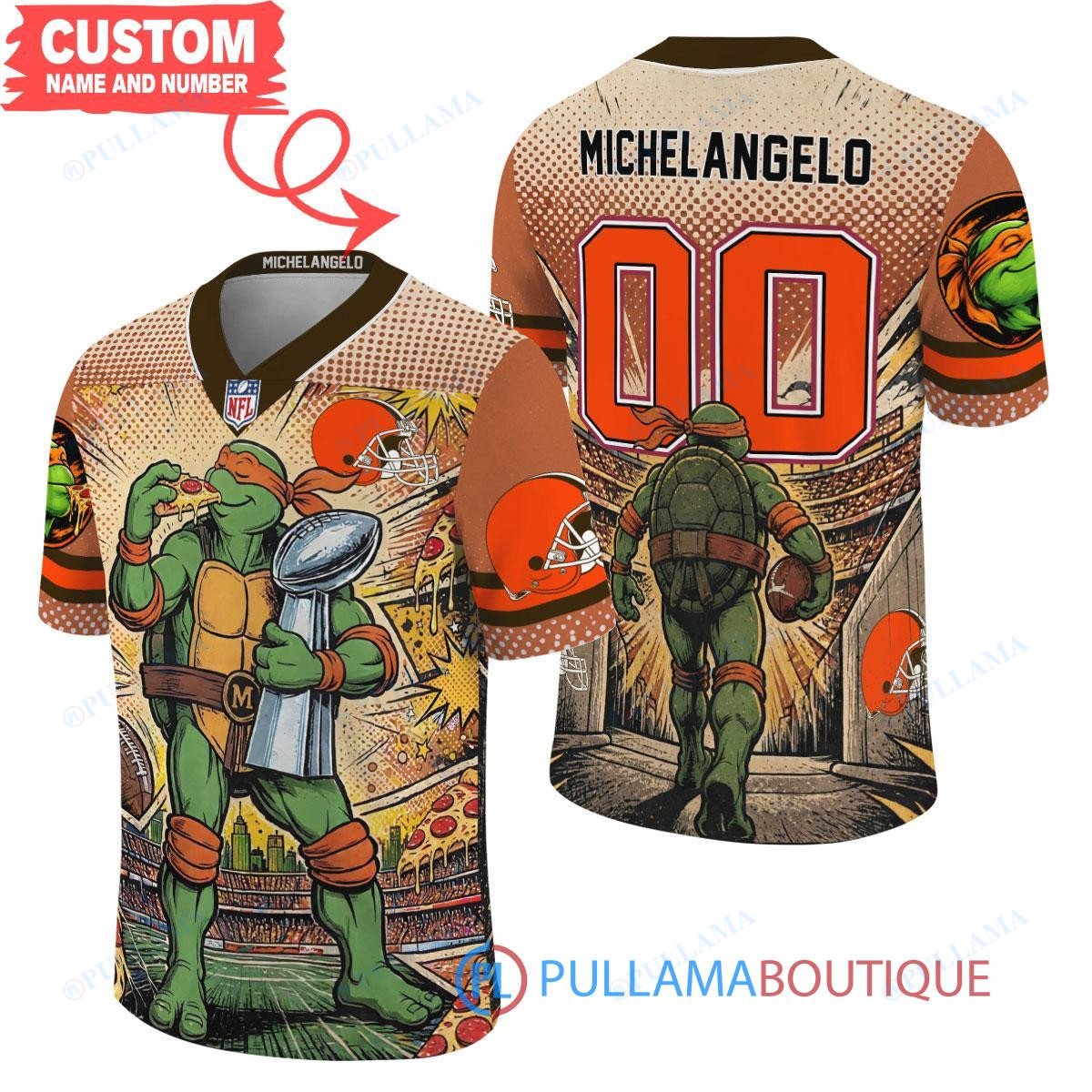 Cleveland Browns TMNT Michelangelo with Super Bowl Trophy Retro Comic Custom Football Jersey