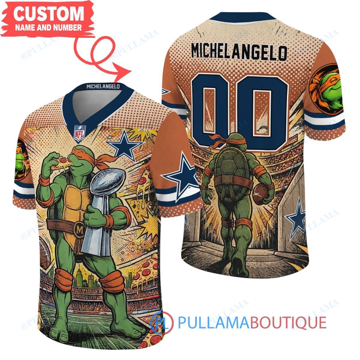 Dallas Cowboys TMNT Michelangelo with Super Bowl Trophy Retro Comic Custom Football Jersey