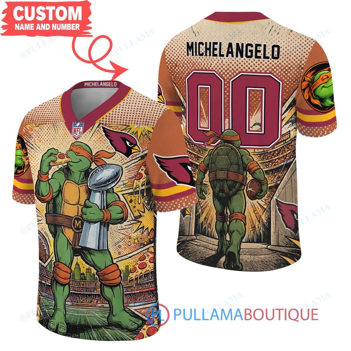 Arizona Cardinals TMNT Michelangelo with Super Bowl Trophy Retro Comic Custom Football Jersey