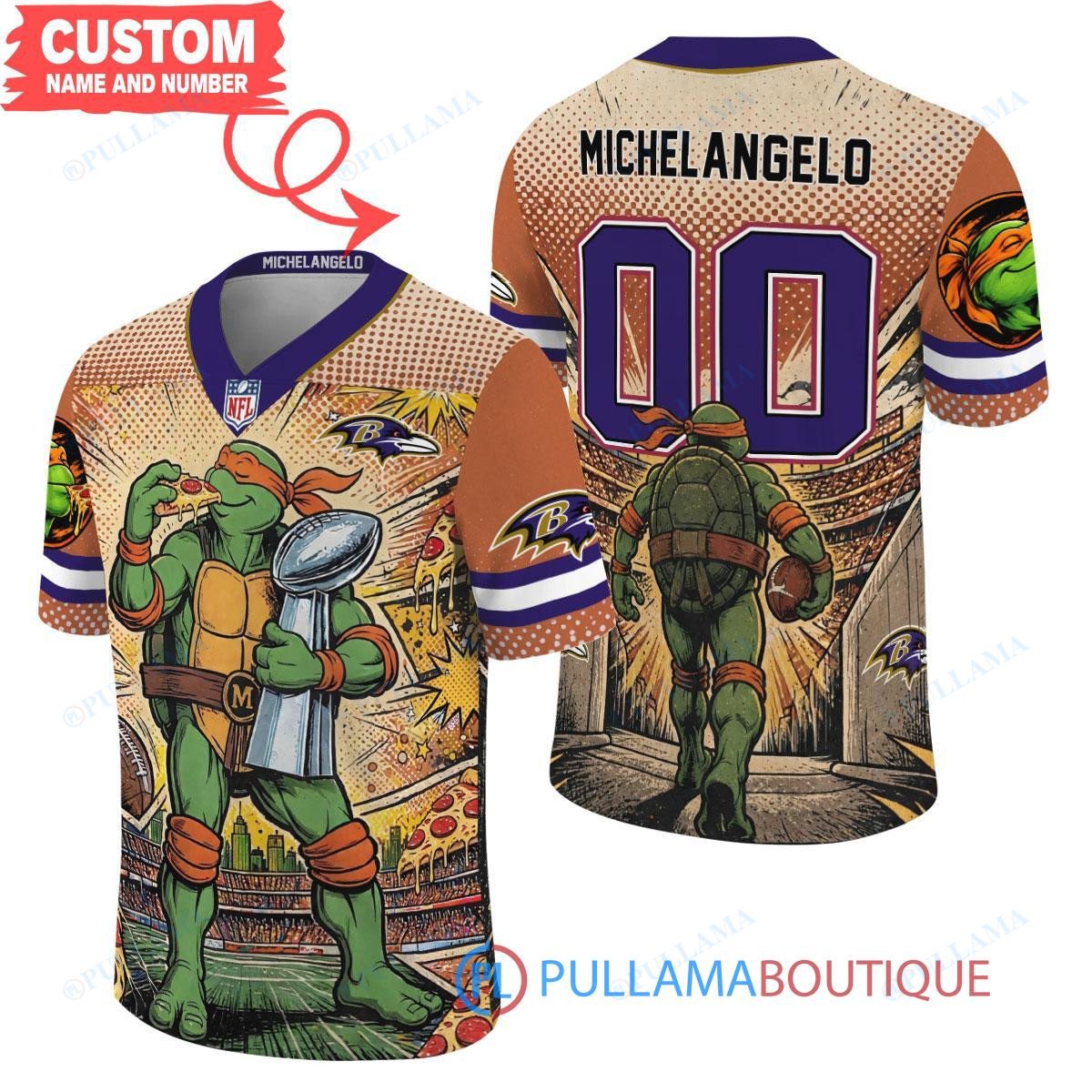Baltimore Ravens TMNT Michelangelo with Super Bowl Trophy Retro Comic Custom Football Jersey