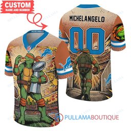 Detroit Lions TMNT Michelangelo with Super Bowl Trophy Retro Comic Custom Football Jersey
