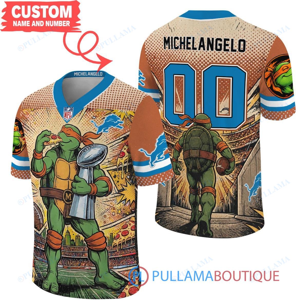 Detroit Lions TMNT Michelangelo with Super Bowl Trophy Retro Comic Custom Football Jersey