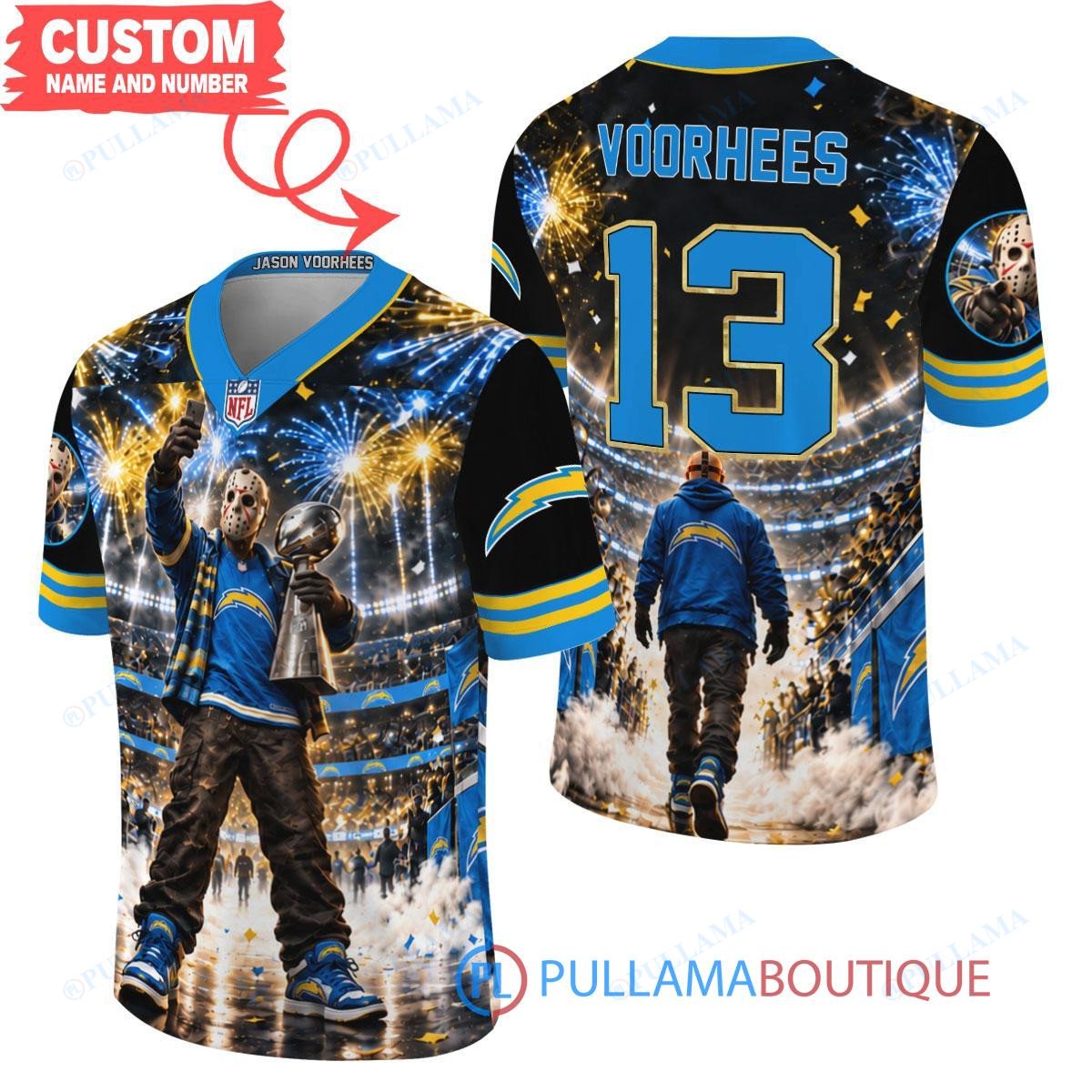 Los Angeles Chargers Jason Voorhees Friday the 13th with Super Bowl Trophy Night Victory Custom Football Jersey