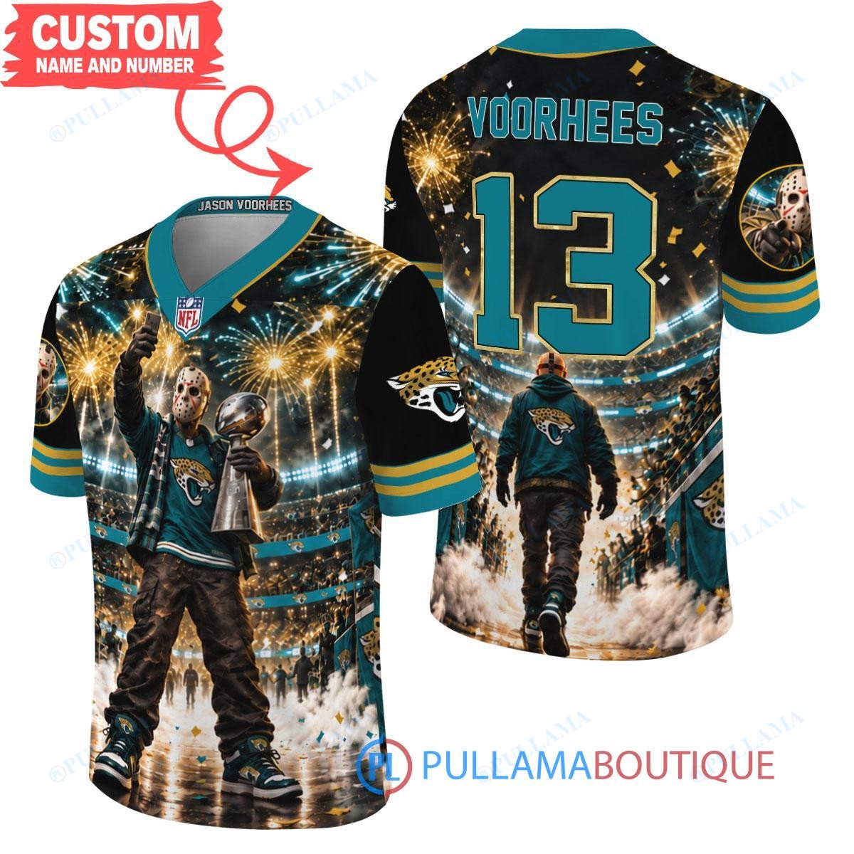 Jacksonville Jaguars Jason Voorhees Friday the 13th with Super Bowl Trophy Night Victory Custom Football Jersey