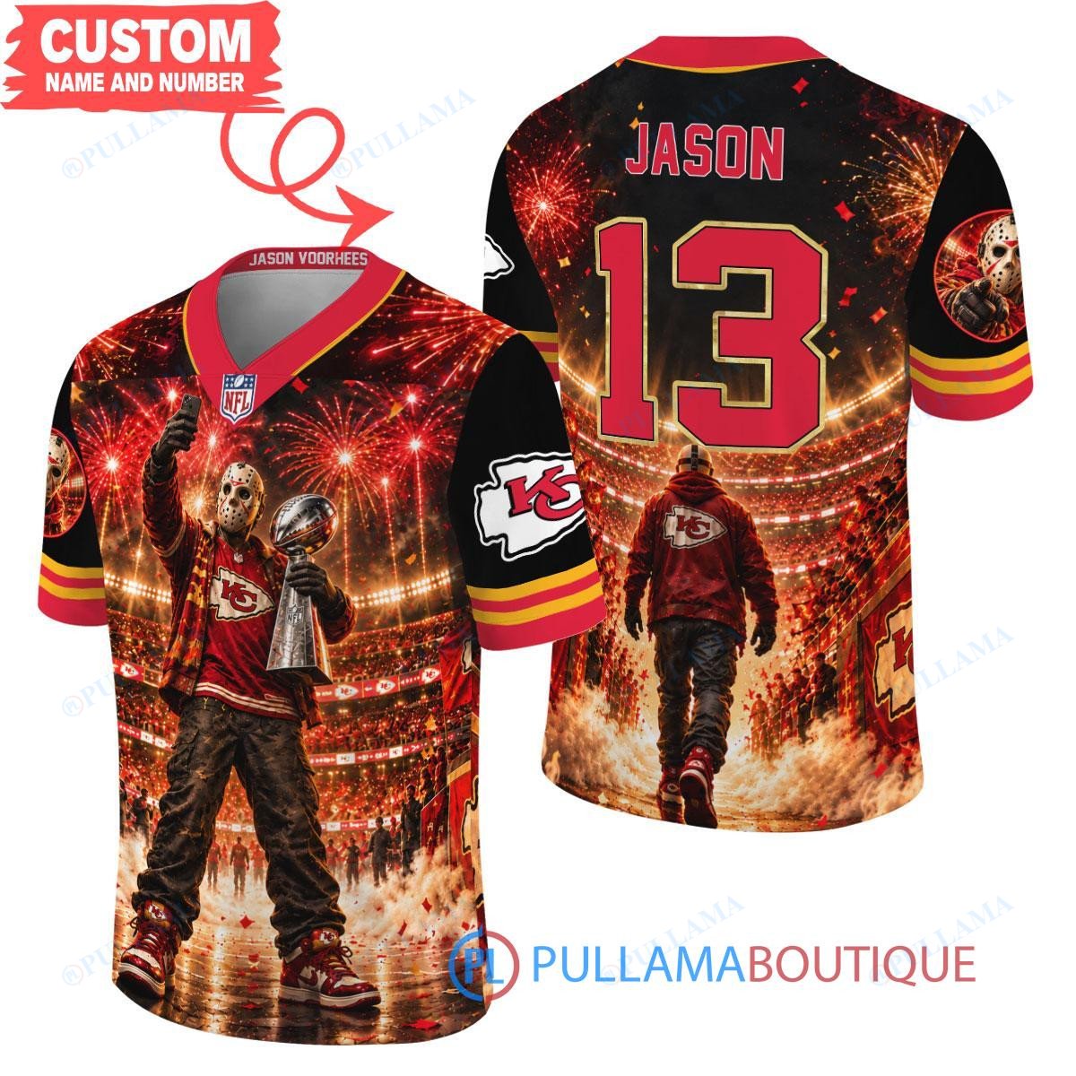 Kansas City Chiefs Jason Voorhees Friday the 13th with Super Bowl Trophy Night Victory Custom Football Jersey