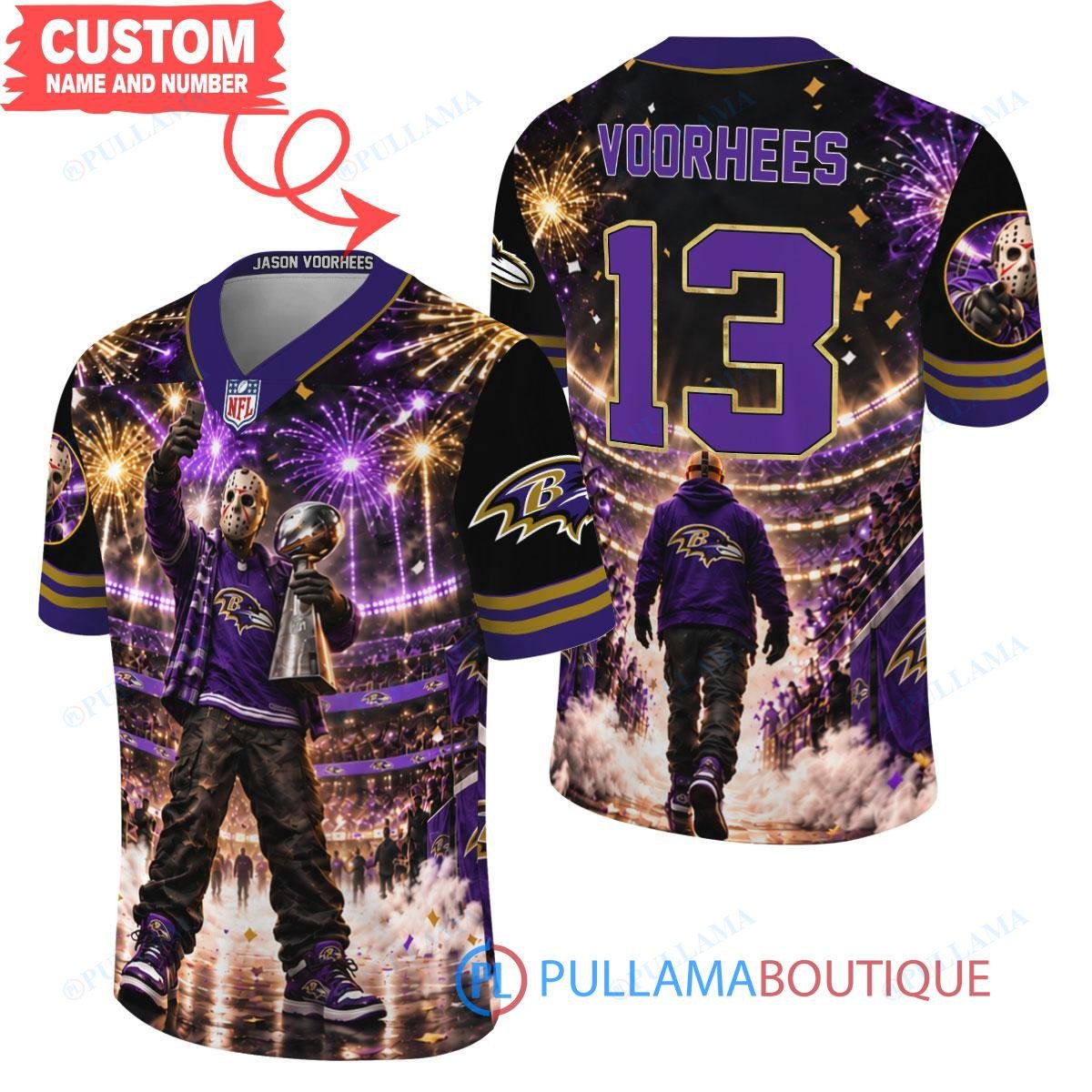 Baltimore Ravens Jason Voorhees Friday the 13th with Super Bowl Trophy Night Victory Custom Football Jersey
