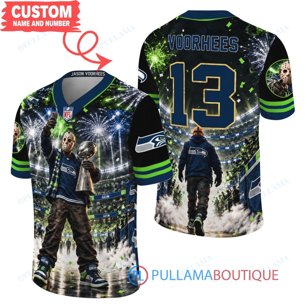 Seattle Seahawks Jason Voorhees Friday the 13th with Super Bowl Trophy Night Victory Custom Football Jersey