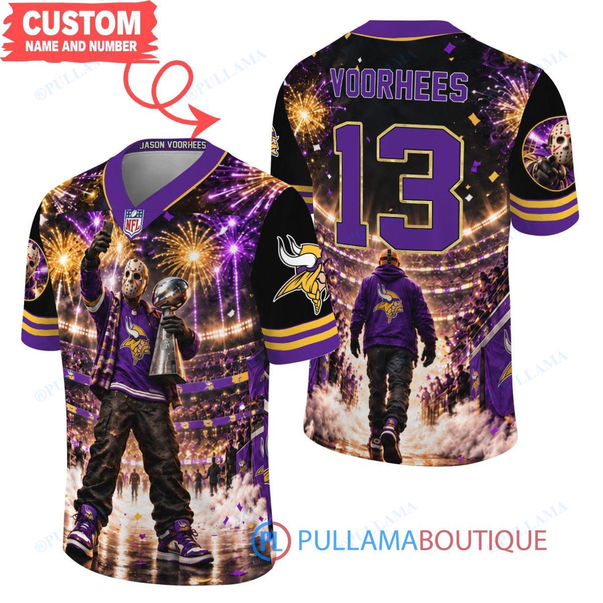 Minnesota Vikings Jason Voorhees Friday the 13th with Super Bowl Trophy Night Victory Custom Football Jersey
