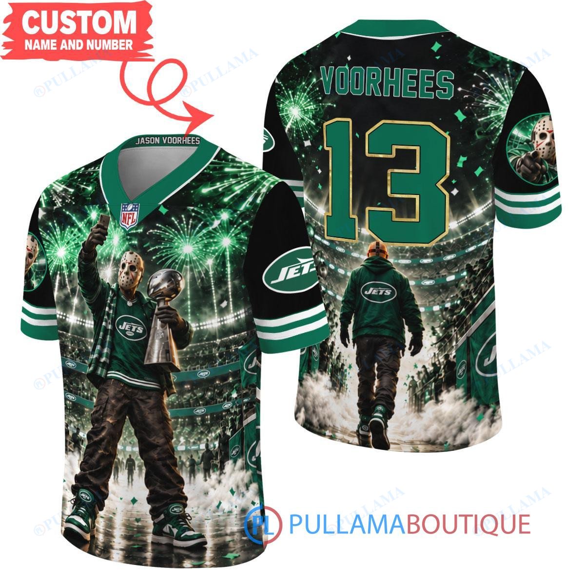 New York Jets Jason Voorhees Friday the 13th with Super Bowl Trophy Night Victory Custom Football Jersey