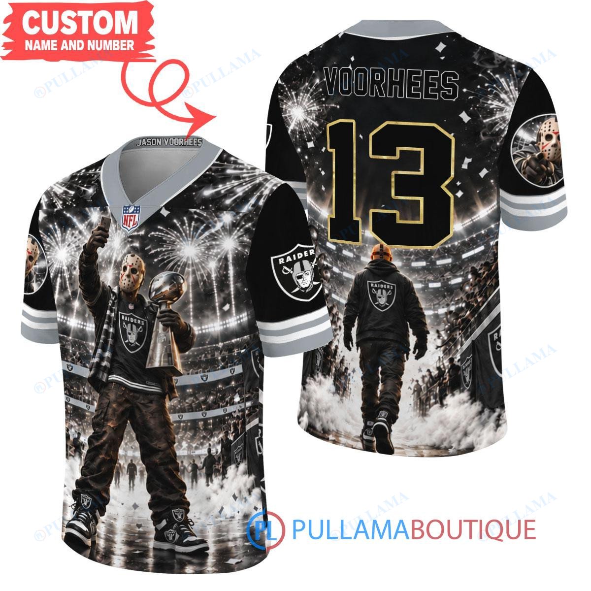 Las Vegas Raiders Jason Voorhees Friday the 13th with Super Bowl Trophy Night Victory Custom Football Jersey