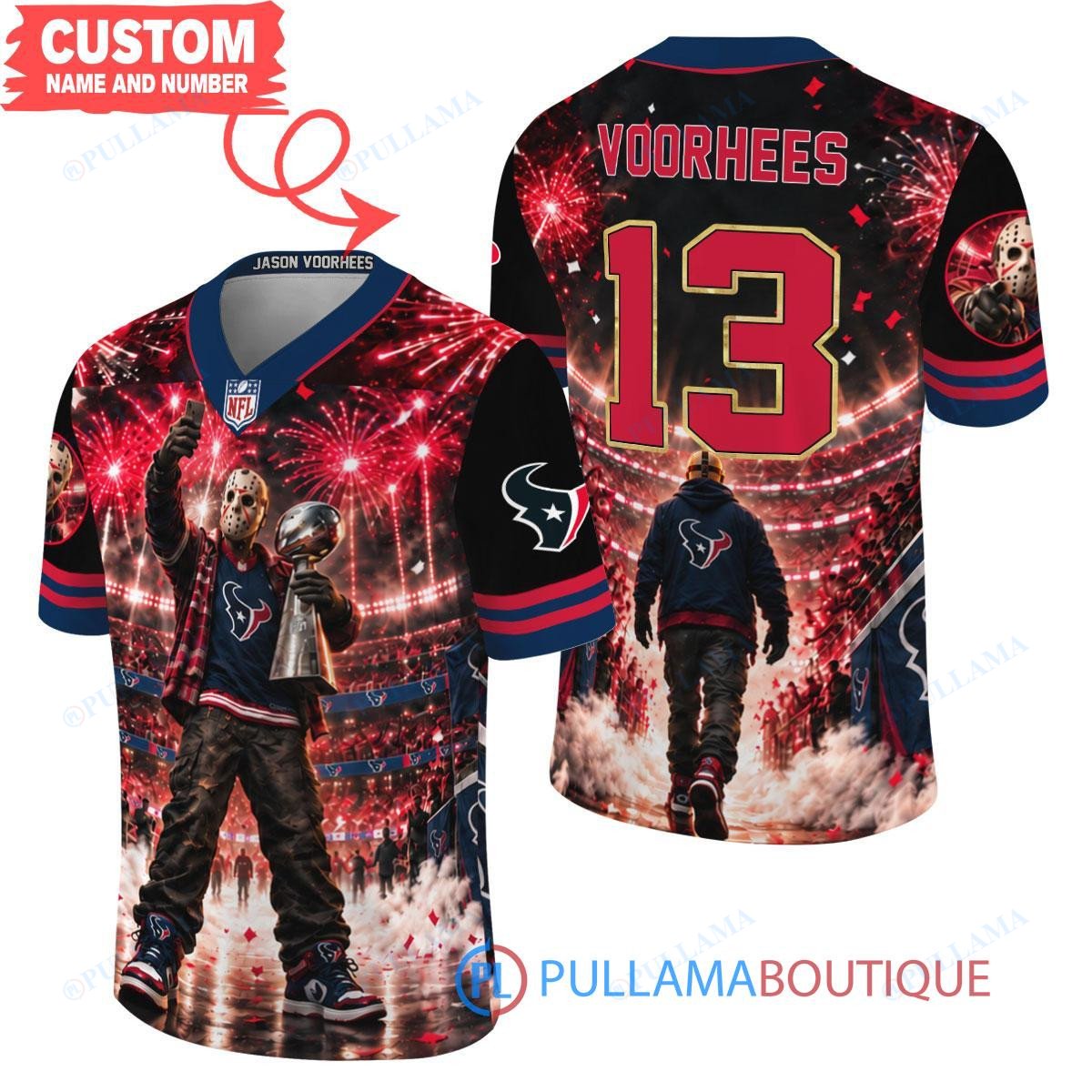 Houston Texans Jason Voorhees Friday the 13th with Super Bowl Trophy Night Victory Custom Football Jersey