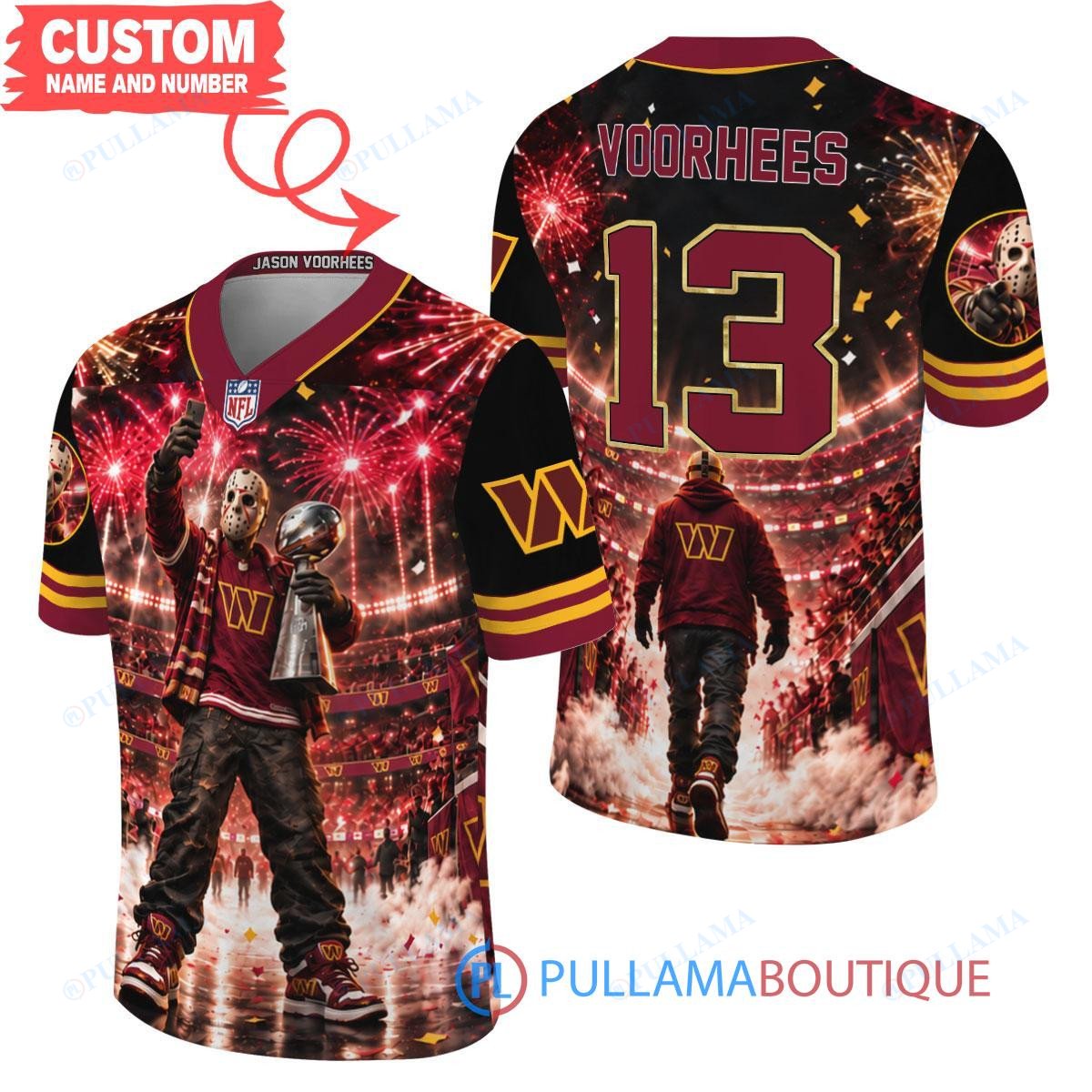 Washington Commanders Jason Voorhees Friday the 13th with Super Bowl Trophy Night Victory Custom Football Jersey