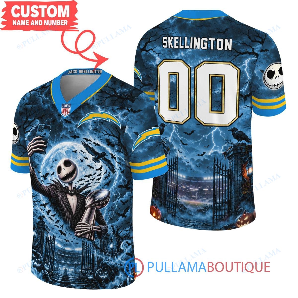 Los Angeles Chargers Jack Skellington The Nightmare Before Christmas with Super Bowl Trophy Midnight Gate Custom Football Jersey
