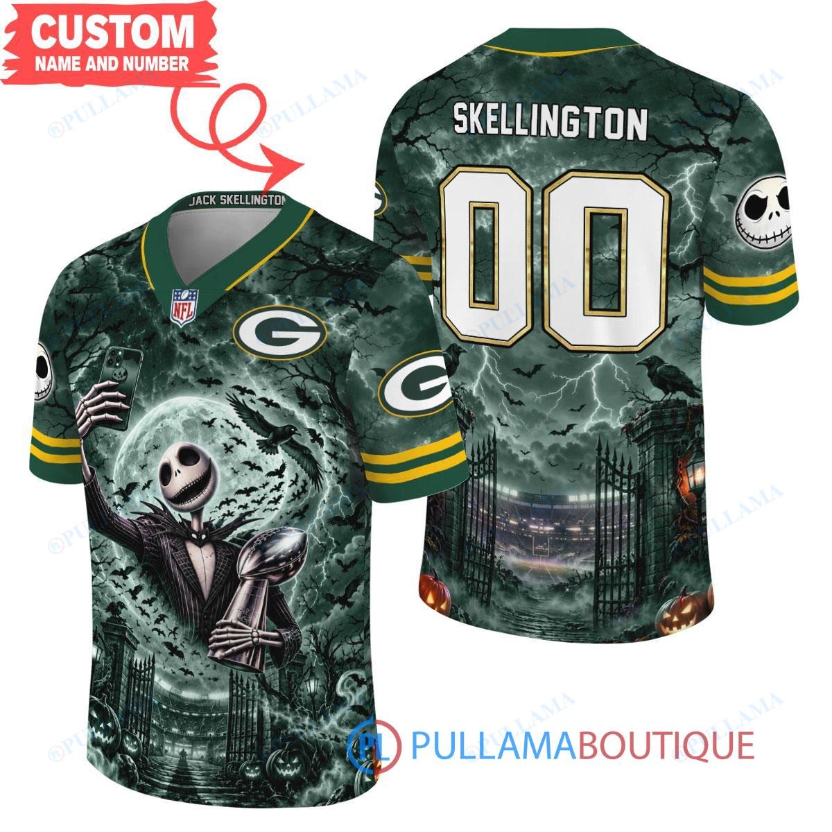 Green Bay Packers Jack Skellington The Nightmare Before Christmas with Super Bowl Trophy Midnight Gate Custom Football Jersey