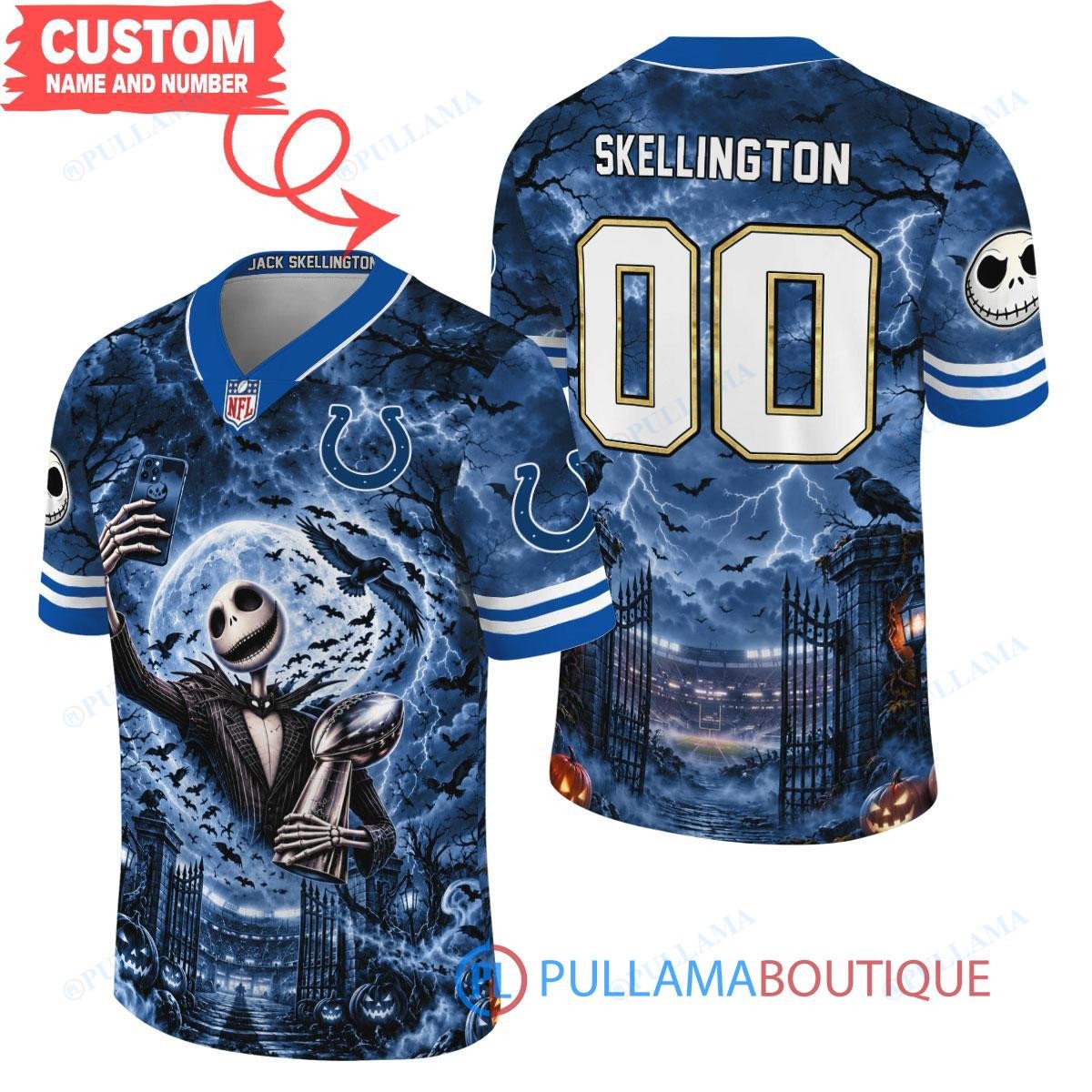 Indianapolis Colts Jack Skellington The Nightmare Before Christmas with Super Bowl Trophy Midnight Gate Custom Football Jersey