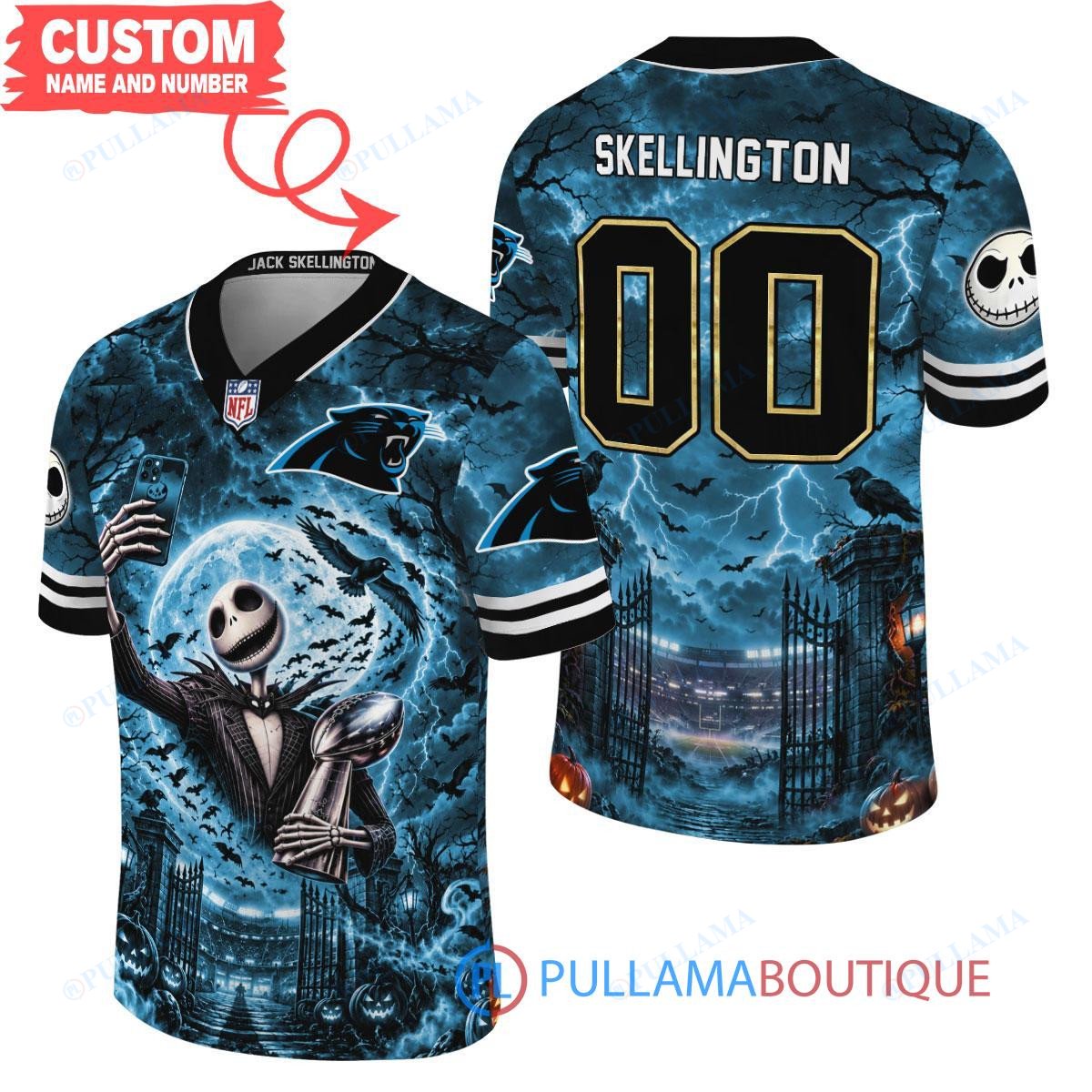 Carolina Panthers Jack Skellington The Nightmare Before Christmas with Super Bowl Trophy Midnight Gate Custom Football Jersey