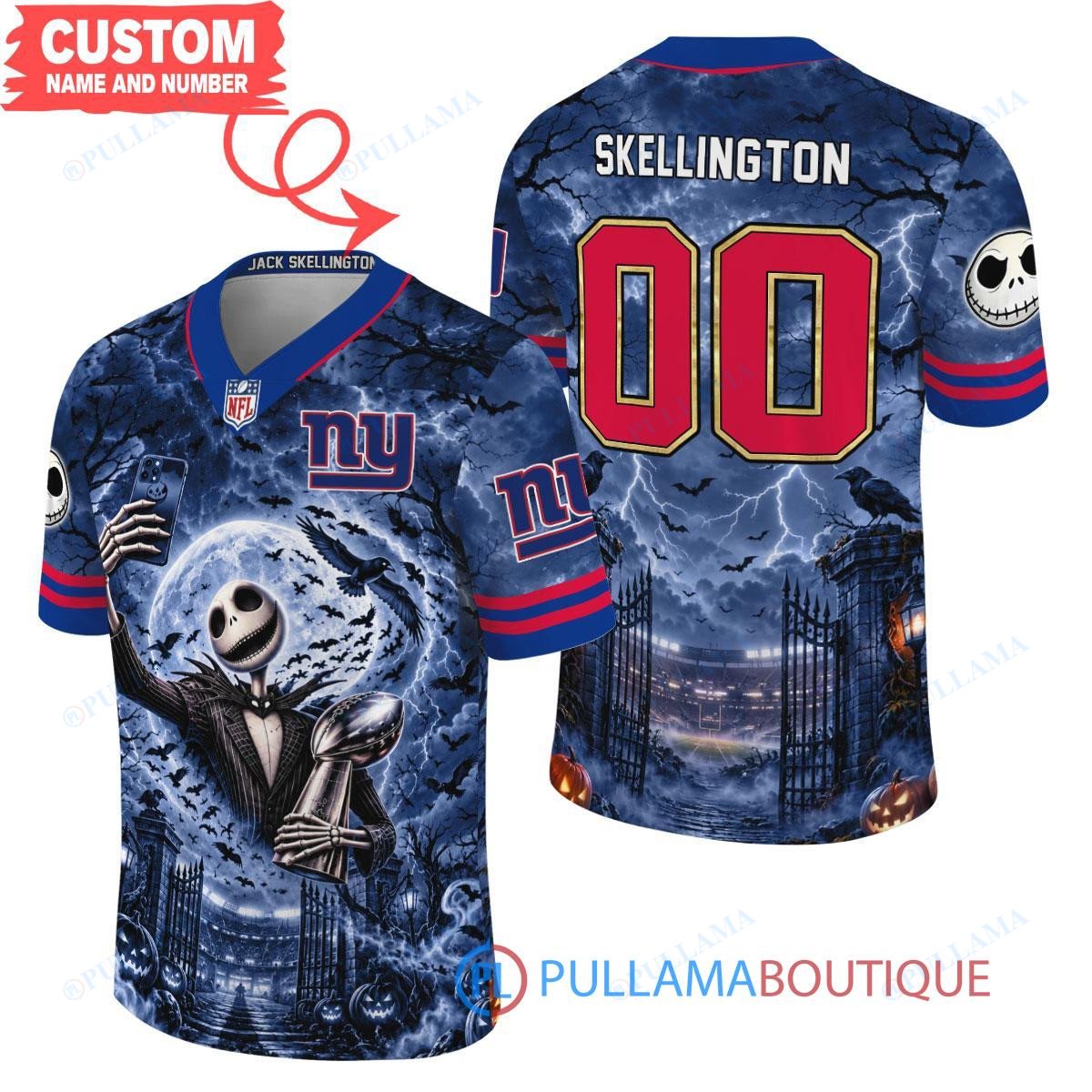 New York Giants Jack Skellington The Nightmare Before Christmas with Super Bowl Trophy Midnight Gate Custom Football Jersey