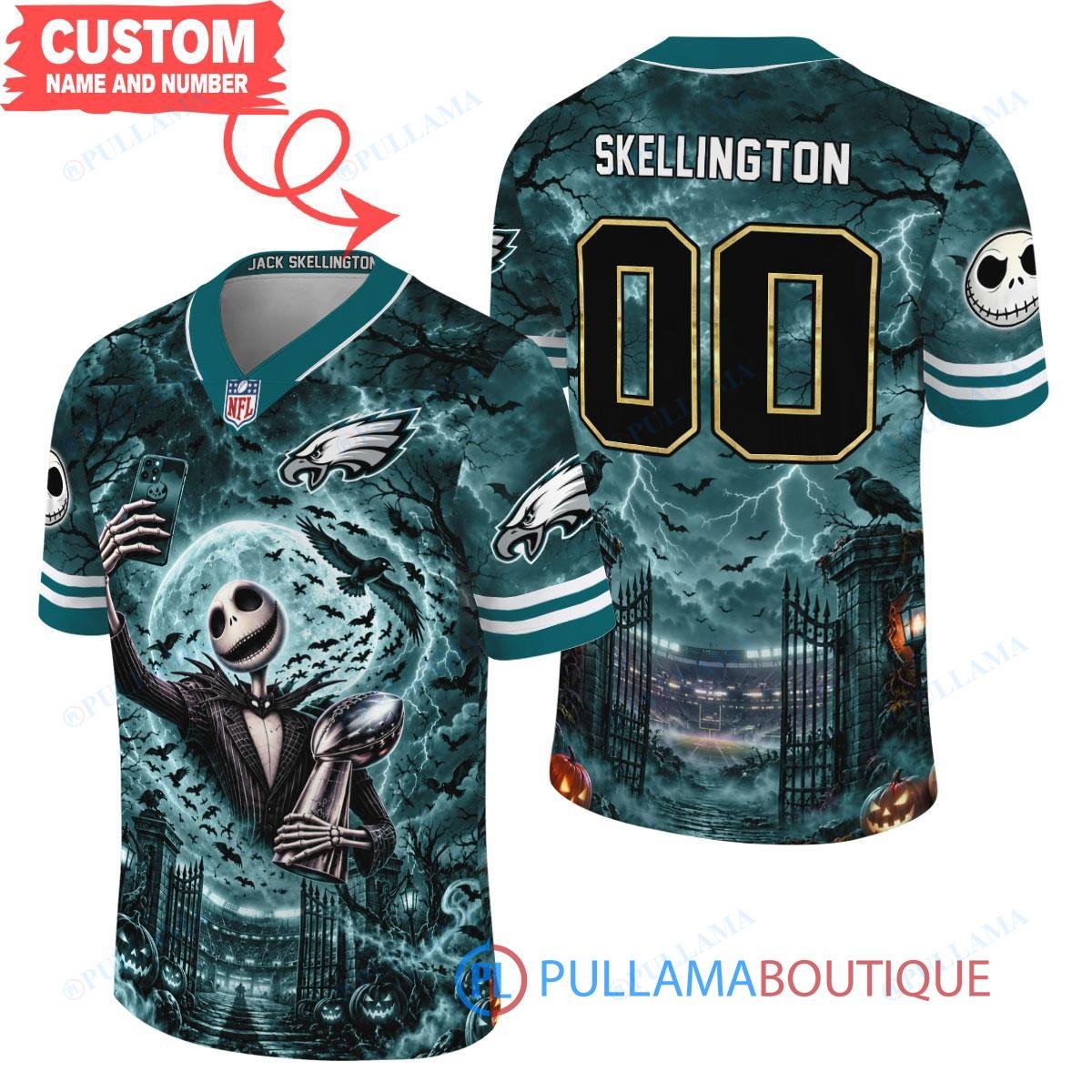Philadelphia Eagles Jack Skellington The Nightmare Before Christmas with Super Bowl Trophy Midnight Gate Custom Football Jersey