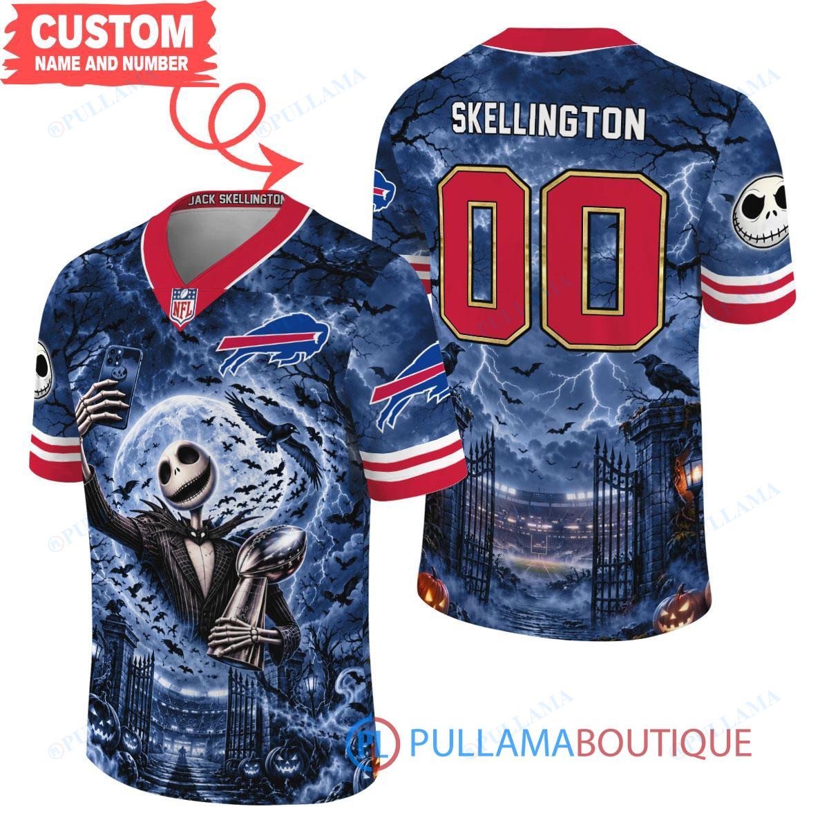 Buffalo Bills Jack Skellington The Nightmare Before Christmas with Super Bowl Trophy Midnight Gate Custom Football Jersey