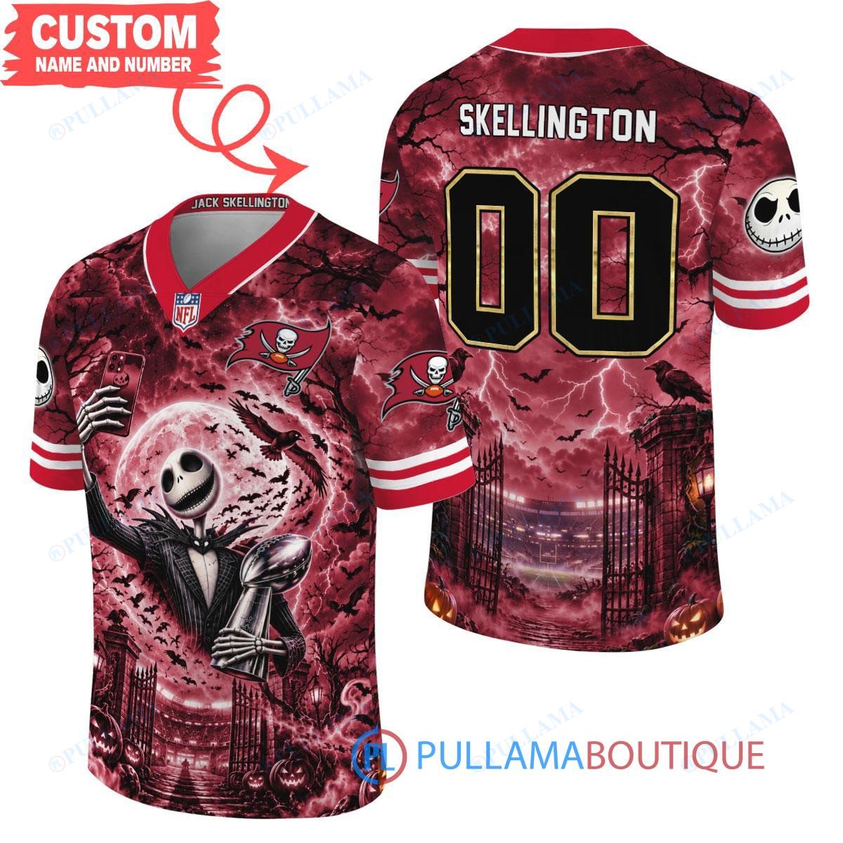 Tampa Bay Buccaneers Jack Skellington The Nightmare Before Christmas with Super Bowl Trophy Midnight Gate Custom Football Jersey
