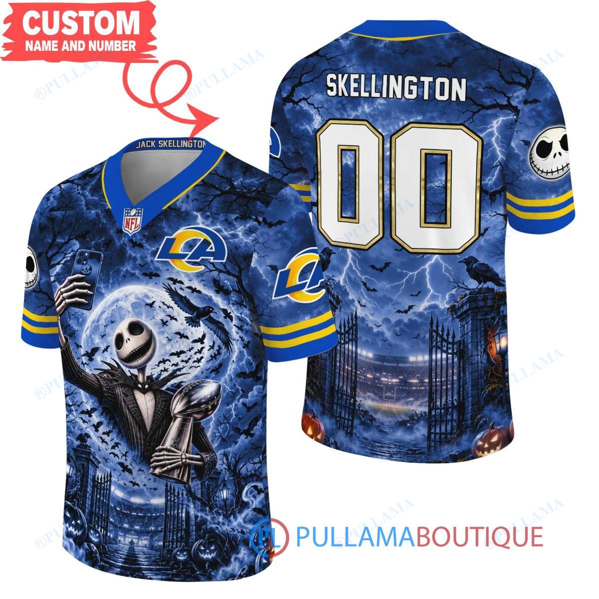 Los Angeles Rams Jack Skellington The Nightmare Before Christmas with Super Bowl Trophy Midnight Gate Custom Football Jersey